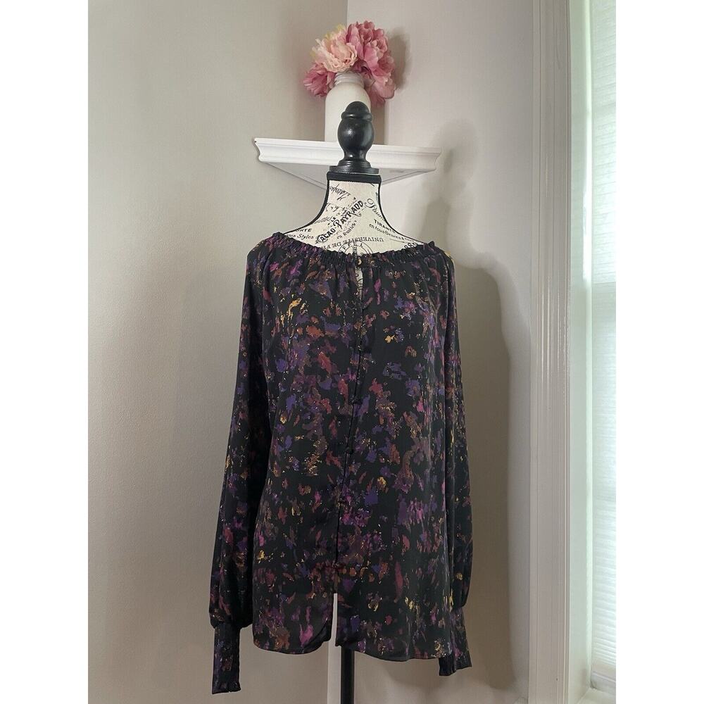 Brand New Joan Vass blouse features vibrant black, orange, and purple colors